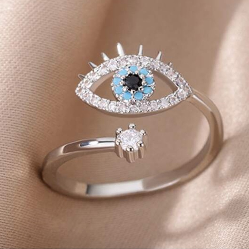 Elegant Silver Evil Eye Ring with Blue Accents